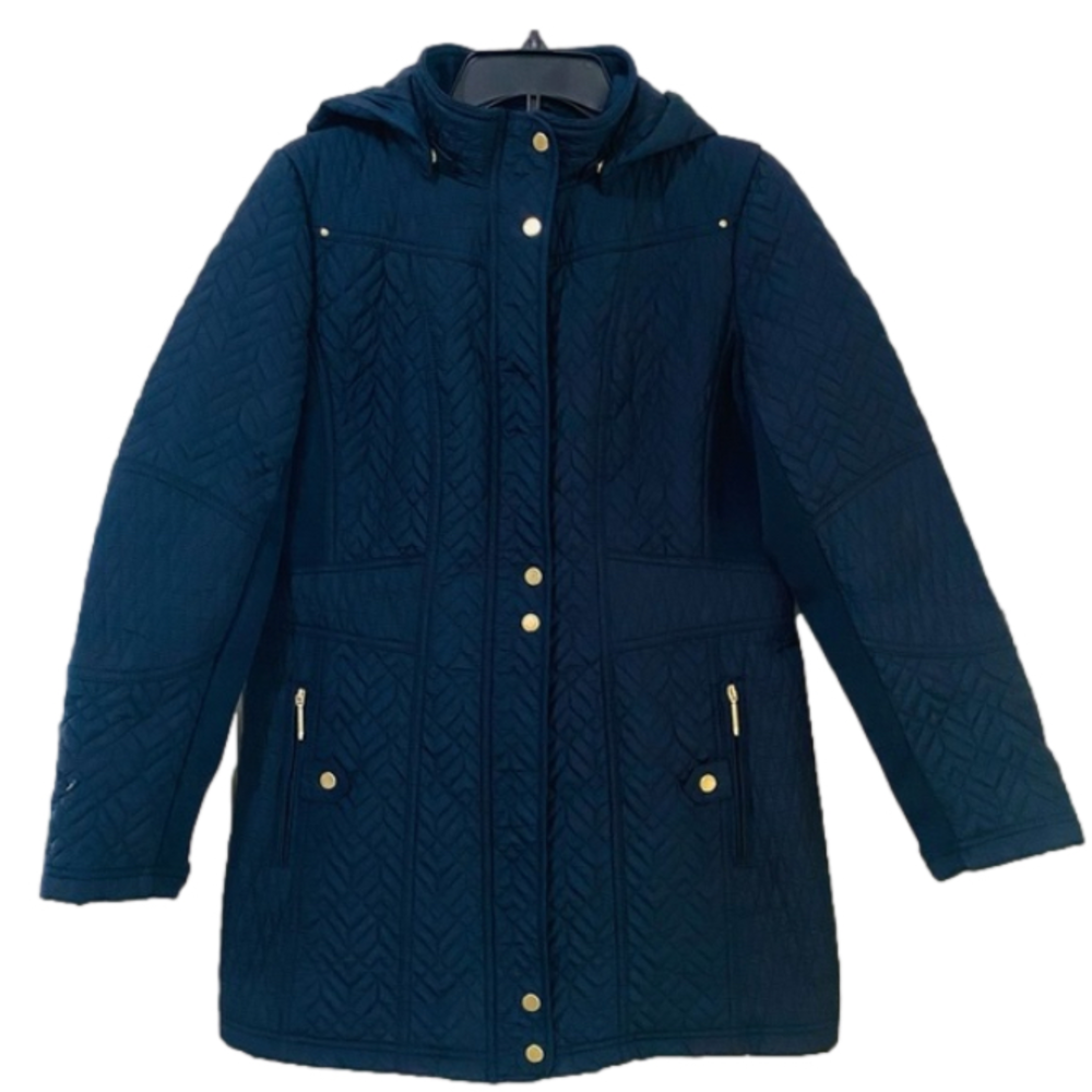 Weatherproof‎ Womens Quilted Rib Knit Jacket Size Small Navy Blue Gold Closures